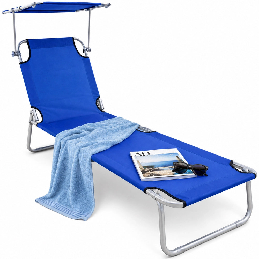 Lettino Mare Pieghevole Leggero con Tettuccio Parasole Regolabile Blu