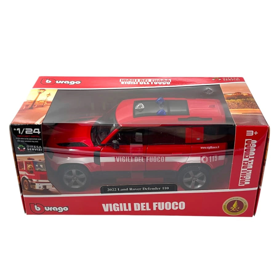 Bburago Land Rover Defender (2022) Vigili del Fuoco, Modellino in Scala 1/24, Veicolo Pompieri Italiano,Eta 3+