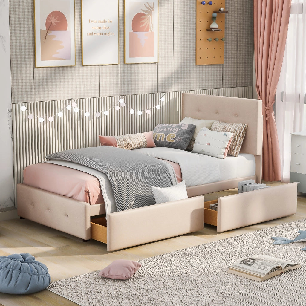 Letto imbottito in velluto con 2 cassetti, 90x200 cm, beige scuro