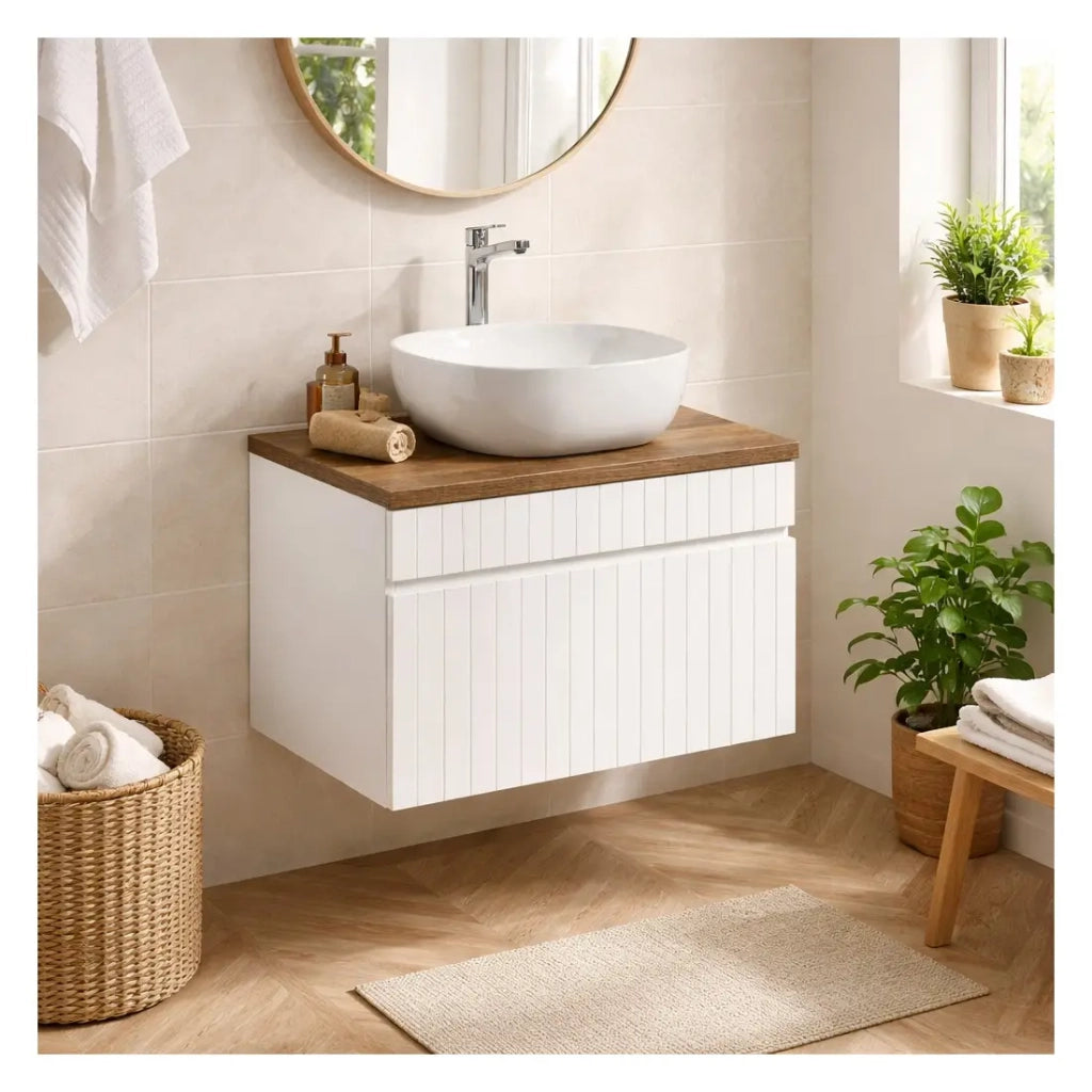 Set ICON bianco: mobile sotto lavabo 60cm + piano per lavabo in aspetto legno scuro + lavabo da appoggio quadrato arrotondato