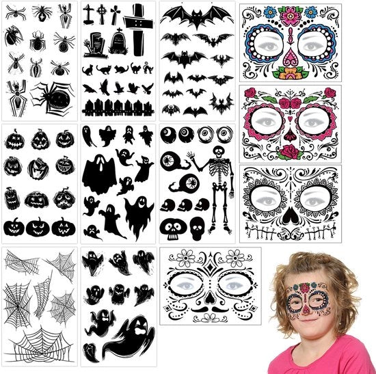 Tatuaggi per bambini - 8 pellicole tatuaggi temporanei - Adesivi acqua-resistenti Halloween - Tatuaggi cosplay realistici - Facili da applicare - Sostenibili - Tatuaggi falso permanenti