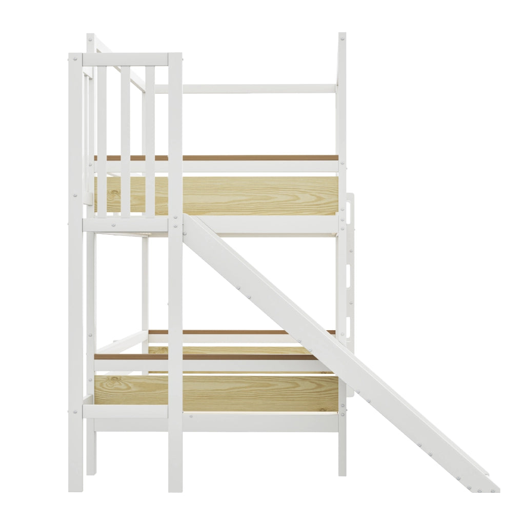OKWISH Letto a Castello 90×200 cm, Letto Singolo con Scivolo, Scala Larga e Sponde di Sicurezza, senza Materasso, Legno, Bianco