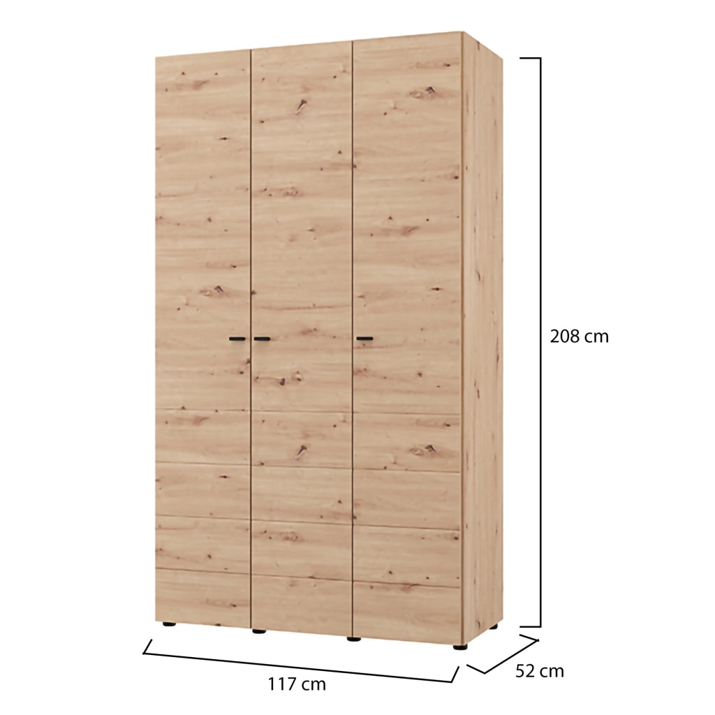 Armadio Camera da Letto Ronco, Guardaroba 3 Ante Appendiabiti, 117x52 cm Marrone Rovere Nodi
