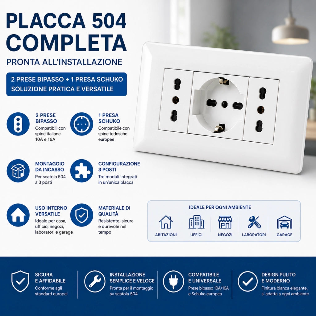 Placchetta 504 Incasso Completa con 2 Prese Bipasso e 1 Presa Schuko