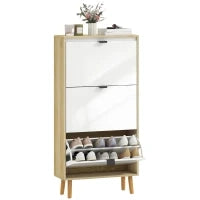 Scarpiera Stretta con 3 Porte in Bianco Lucido Ripiani Regolabili Gambe in Legno per 18 Paia di Scarpe, Bianco