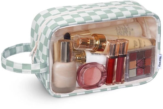 Borsa da Trucco per Donne Piccola Transparente Impermeabile Borsa da Trucco da Viaggio (Tela a Scacchi Mint Verde-1)