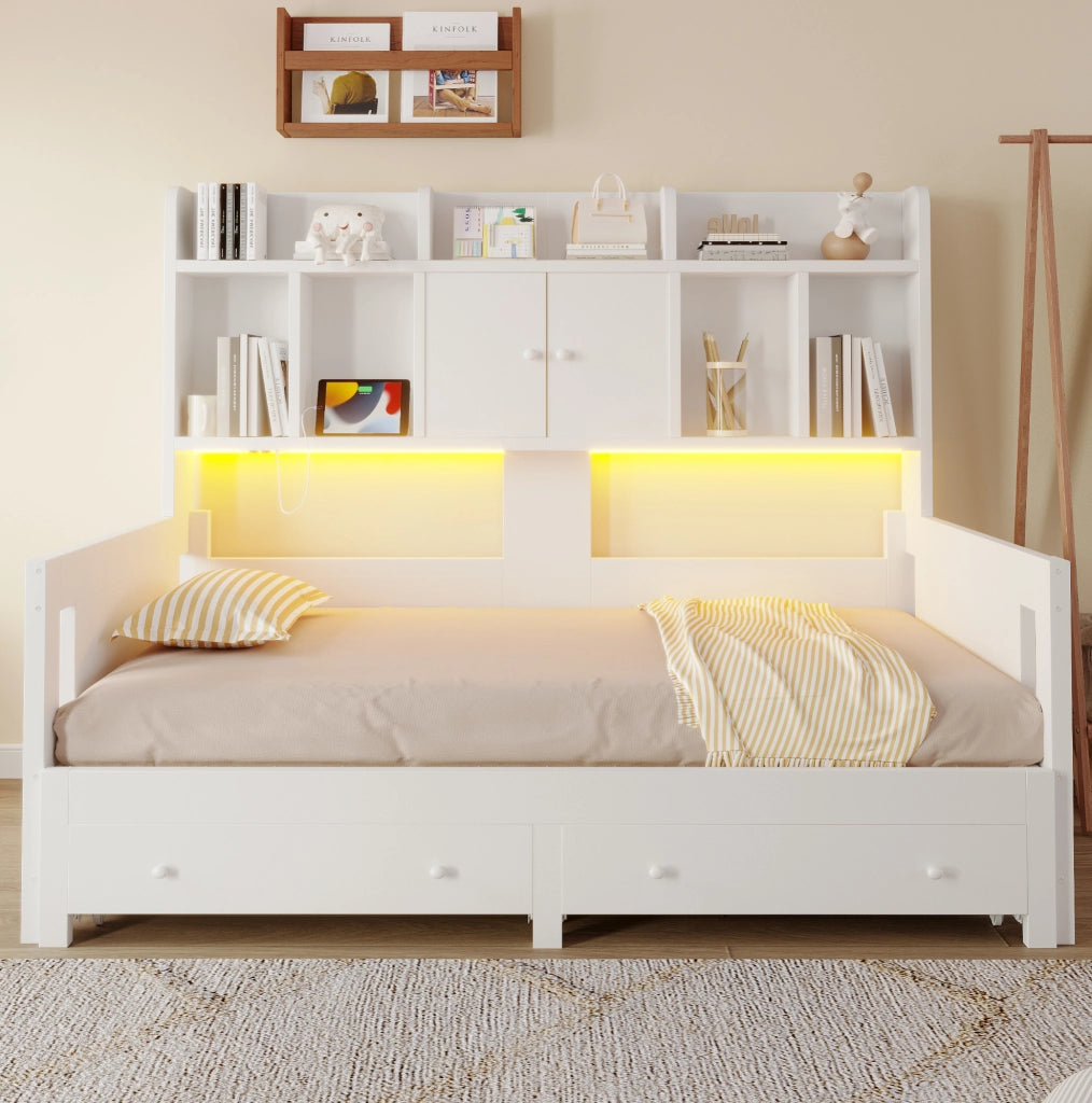 Divano letto estraibile 90x190 cm con contenitore; prese e LED in legno bianco