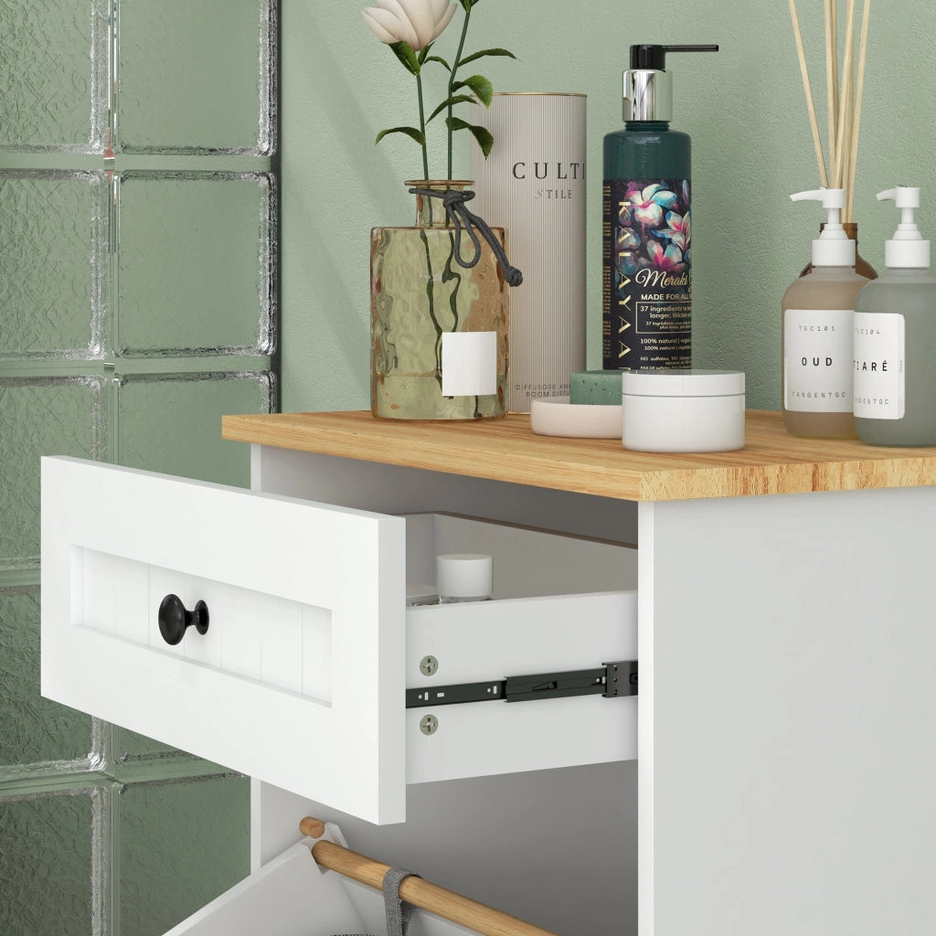 Mobiletto da Bagno Portabiancheria Cesto a Ribalta e Cassetto 52x33x90 cm Bianco