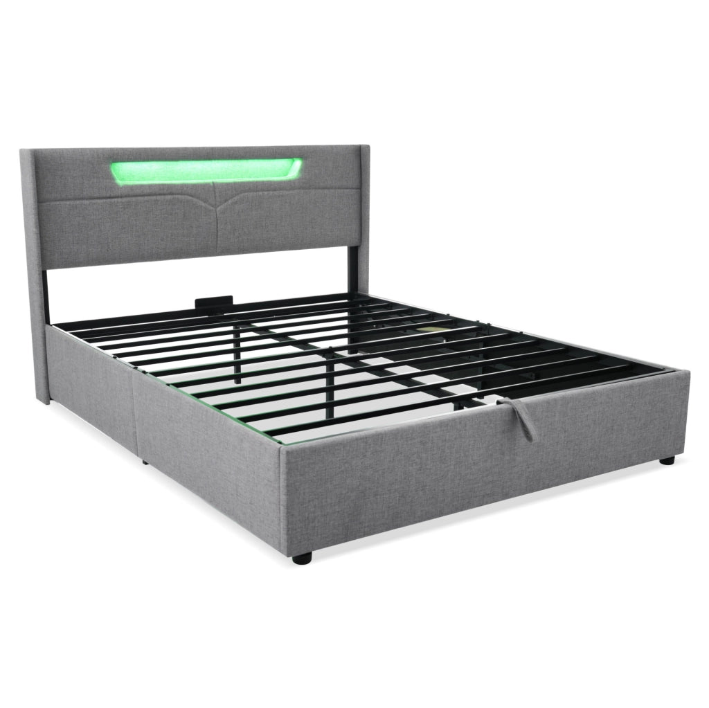 Letto contenitore 140x200 in lino grigio con LED; USB Type-C e struttura in ferro