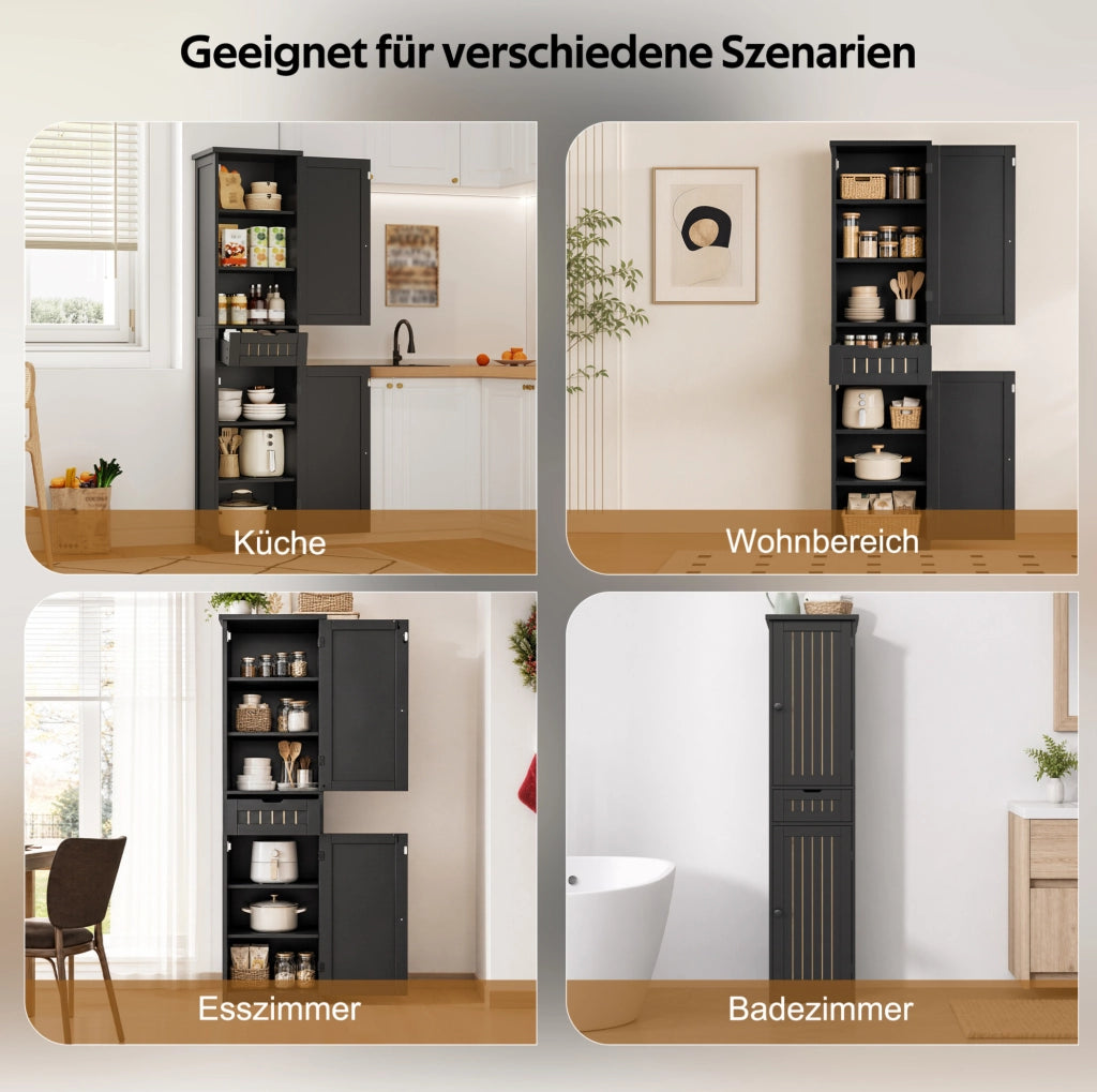 Mobile contenitore 170x40x30 cm in MDF nero con 4 ripiani regolabili e ante a griglia