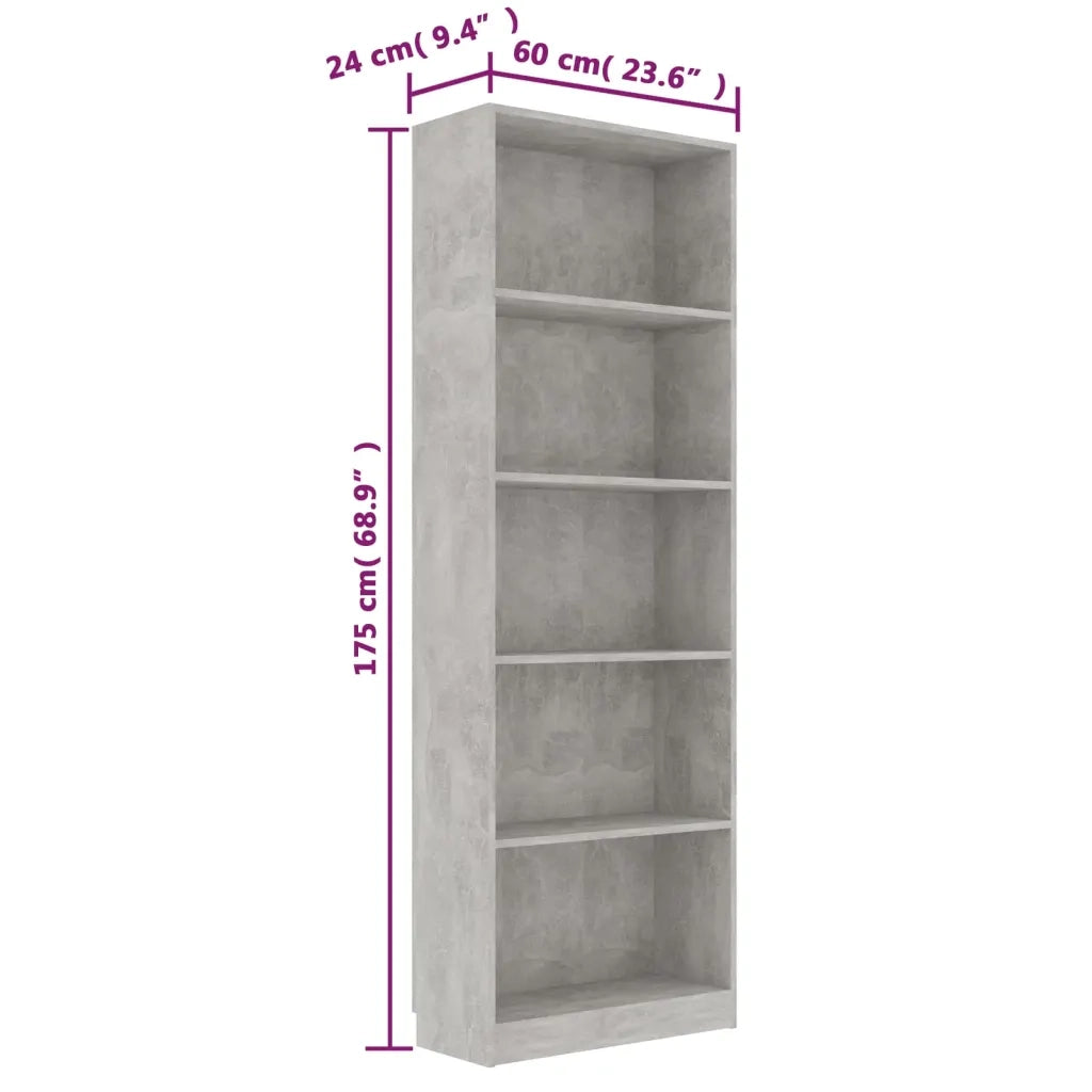 Libreria 5 Ripiani Grigio Cemento 60x24x175cm Legno Multistrato 800886