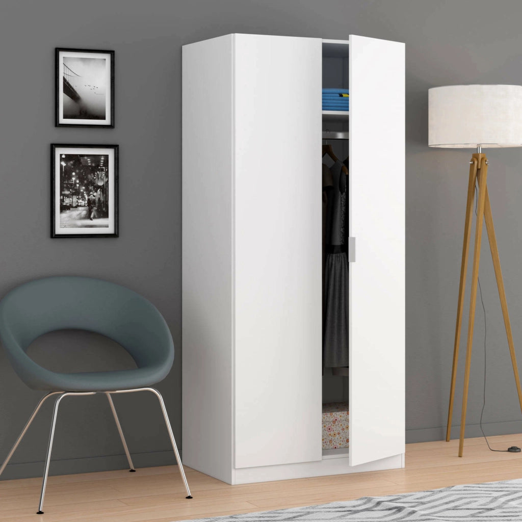 Guardaroba Avik, Armadio per camera da letto a 2 ante battenti, Mobile per camera da letto con 1 ripiano e barra appendiabiti, cm 82x52h180, Bianco