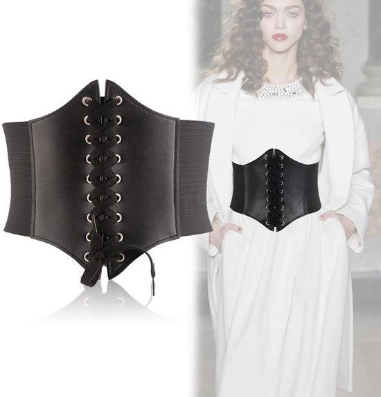 Corsetto in pelle nera - Stile retro - Corsetto con cintura - Cinturino elastico - Chiusura a nodo - Materiale di alta qualità - Corsetto