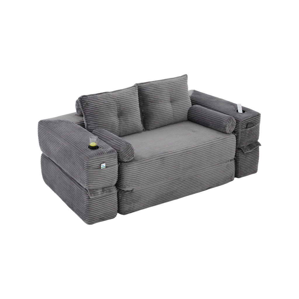Divano letto modulare in corduroy a 2 posti, con cuscini Memory, tasche laterali e portabicchieri, grigio scuro