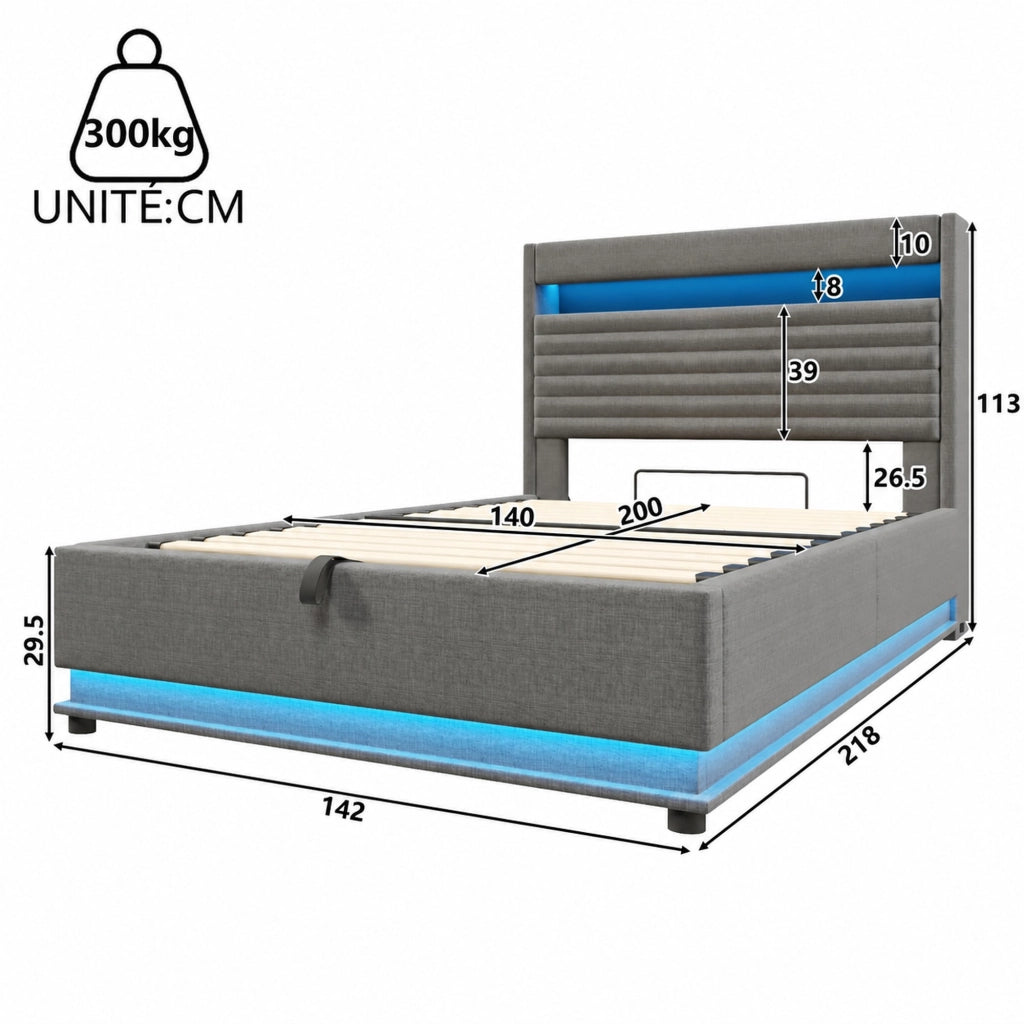 Letto Contenitore Letto Matrimoniale 140x200 cm con USB; Type-C; LED; in Lino Grigio