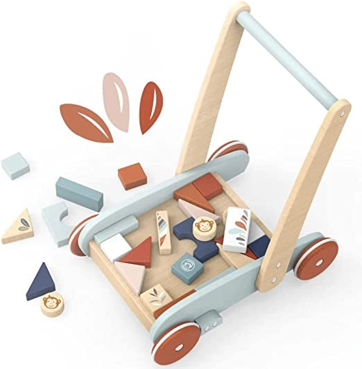 Carrello Primi Passi Cubetti Carrello Primi Passi Legno Montessori Carrello Multi attività a Spinta con Scomparto per Bl