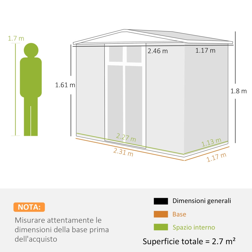 Capanno da Giardino Porta Attrezzi in Acciaio Zincato con 2 Porte, 246x117x180 cm, Grigio Scuro
