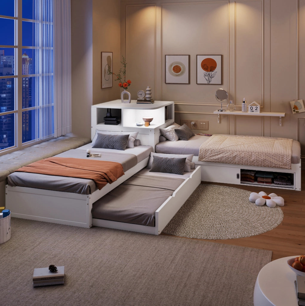 Letto singolo 90x200 cm con letto estraibile; spazio contenitore e luce notturna; bianco