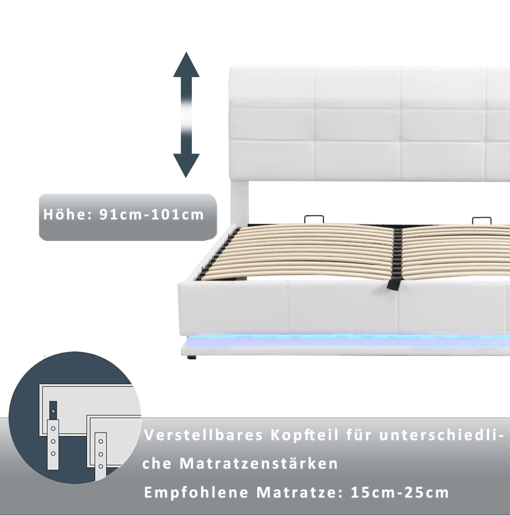 Letto matrimoniale 180x200 cm imbottito in similpelle bianca con LED e contenitore idraulico