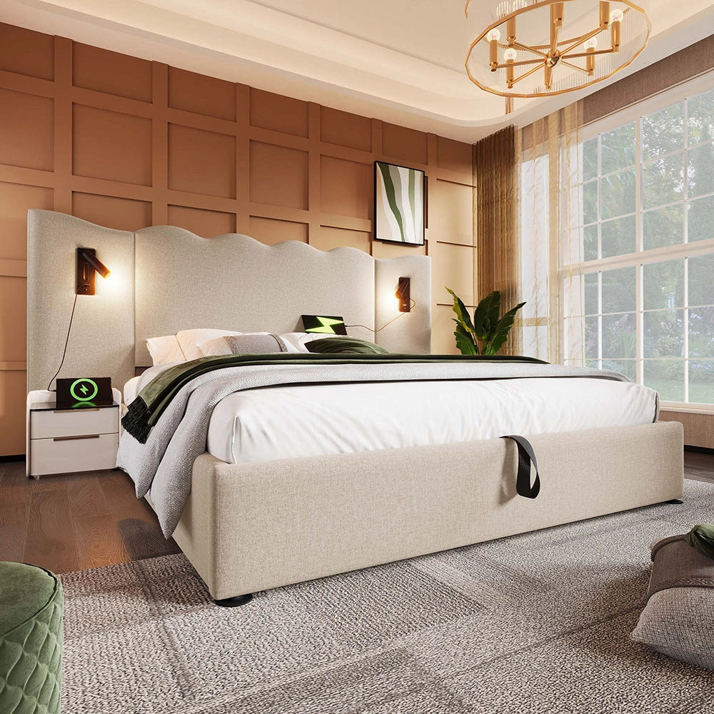 Letto matrimoniale con materasso - Xylo - 160x200 cm - Beige - Luce lettura USB-C