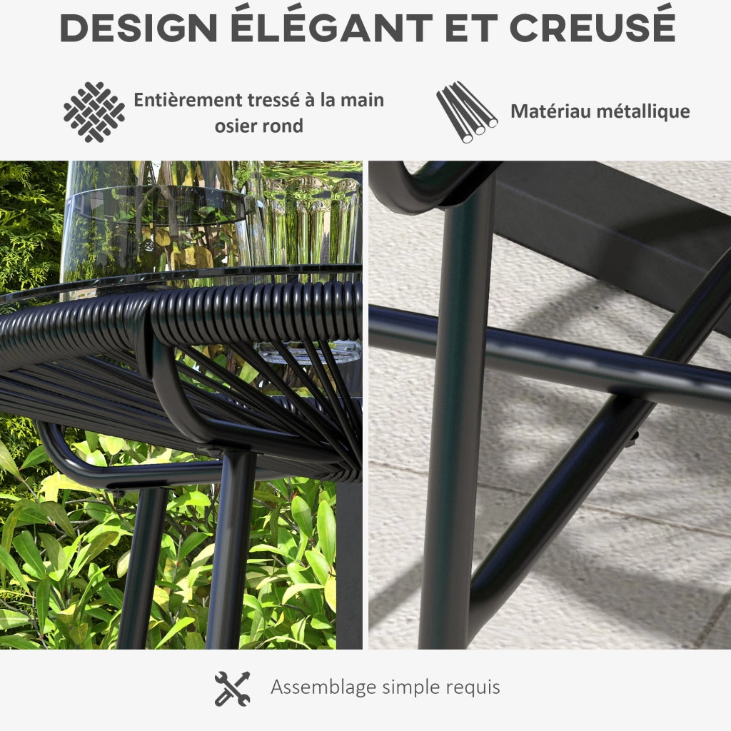 Tavolino da giardino rotondo in metallo e polyrattan con piano in vetro temperato ¨C zephmum ¨C nero ? 50x50 cm