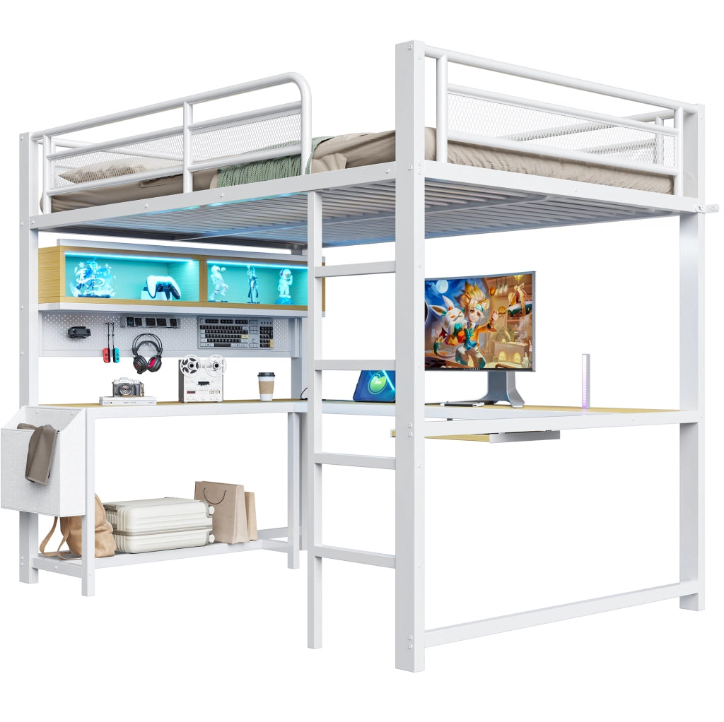 Letto a soppalco 140x200 cm con scrivania, LED e ricarica USB