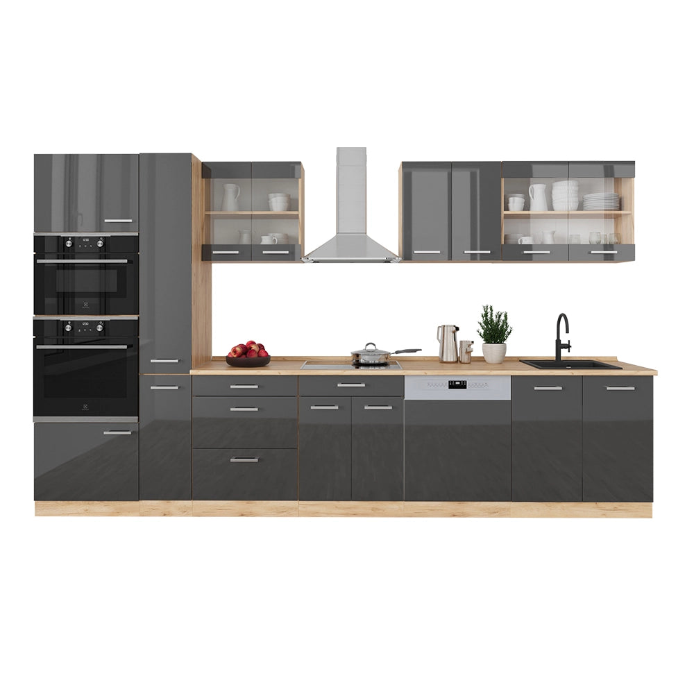 Vicco Cucina componibile Antracite lucido/oro power oak 350 cm con armadio alto, senza piano di lavoro
