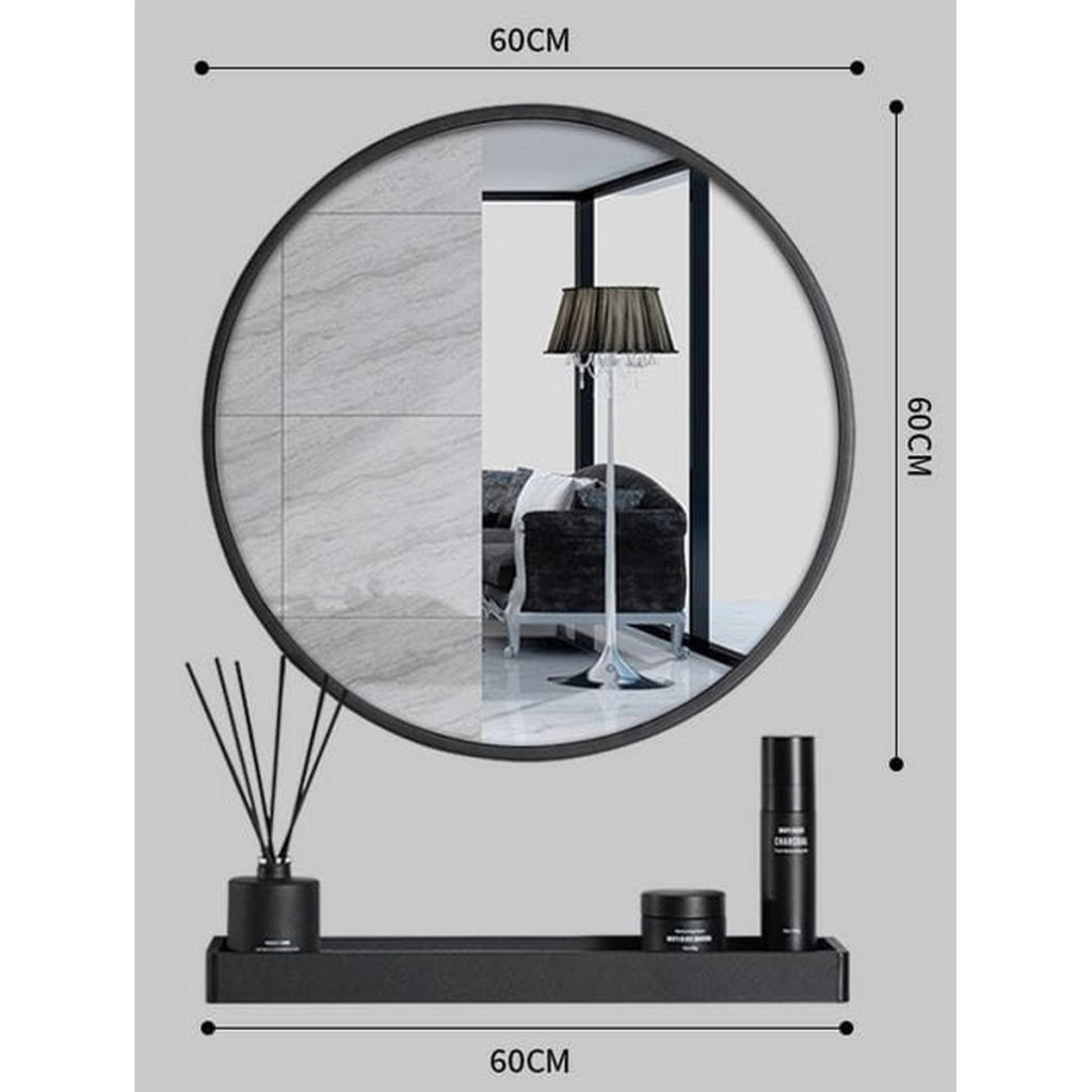 Specchio rotondo nero con mensola e portasciugamani 60cm