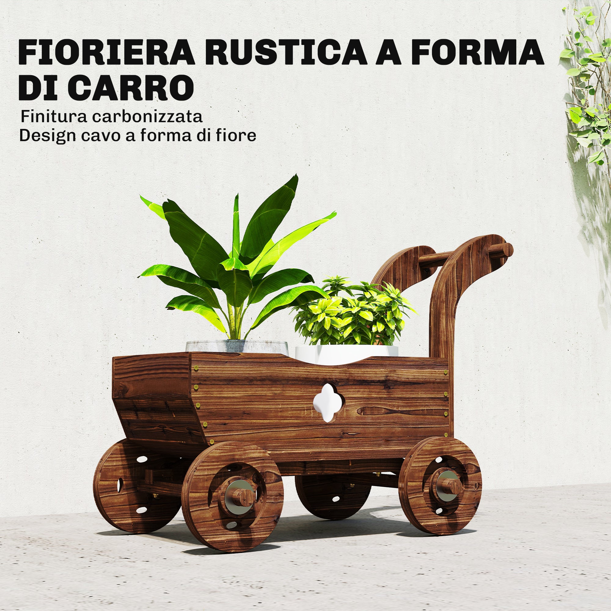 Fioriera a Carretto 68x38x52 cm con 4 Ruote Maniglia e Fori di Drenaggio in Legno