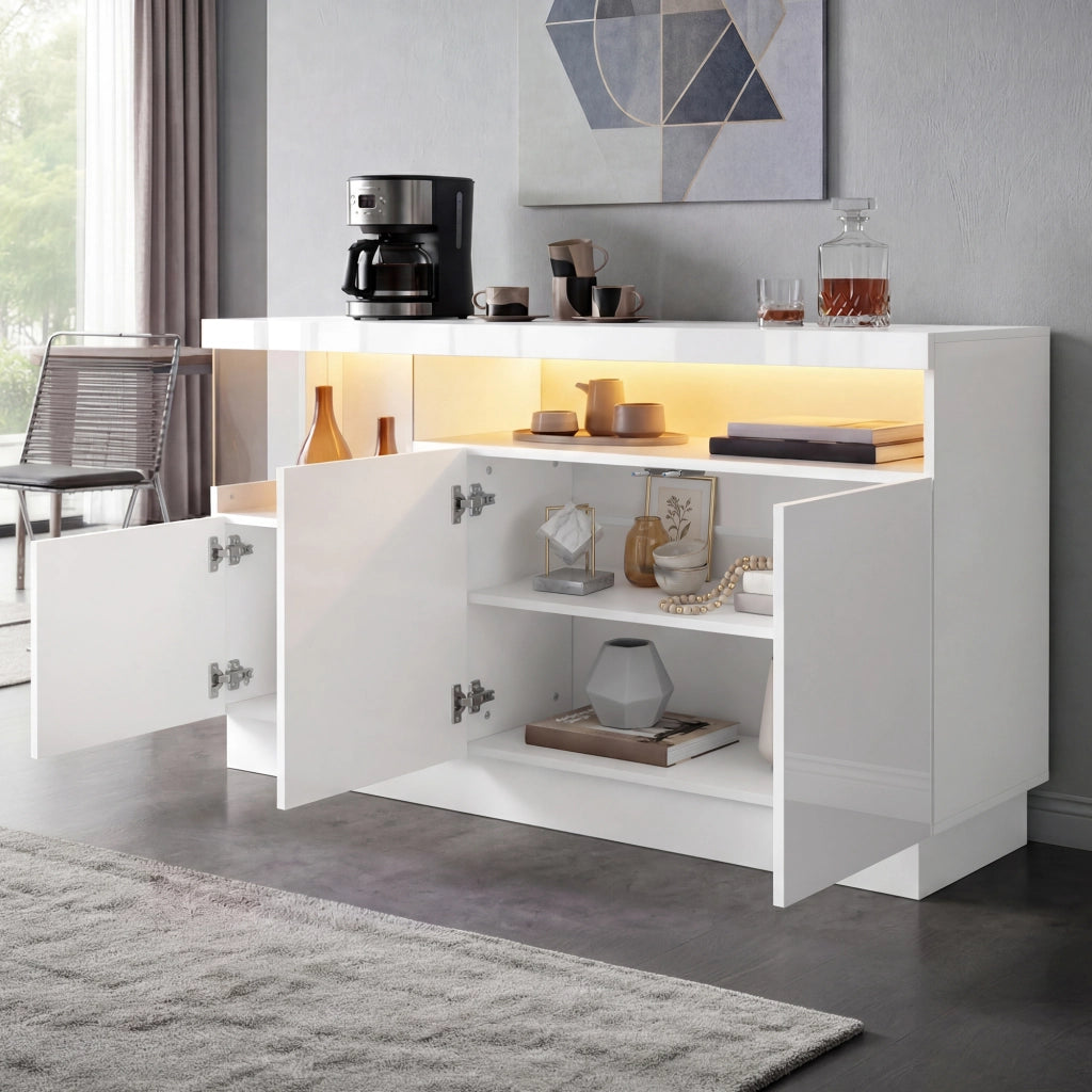 Credenza moderna con ante lucide, vano display in acrilico e LED controllati da app, bianca 140 × 36 × 80 cm