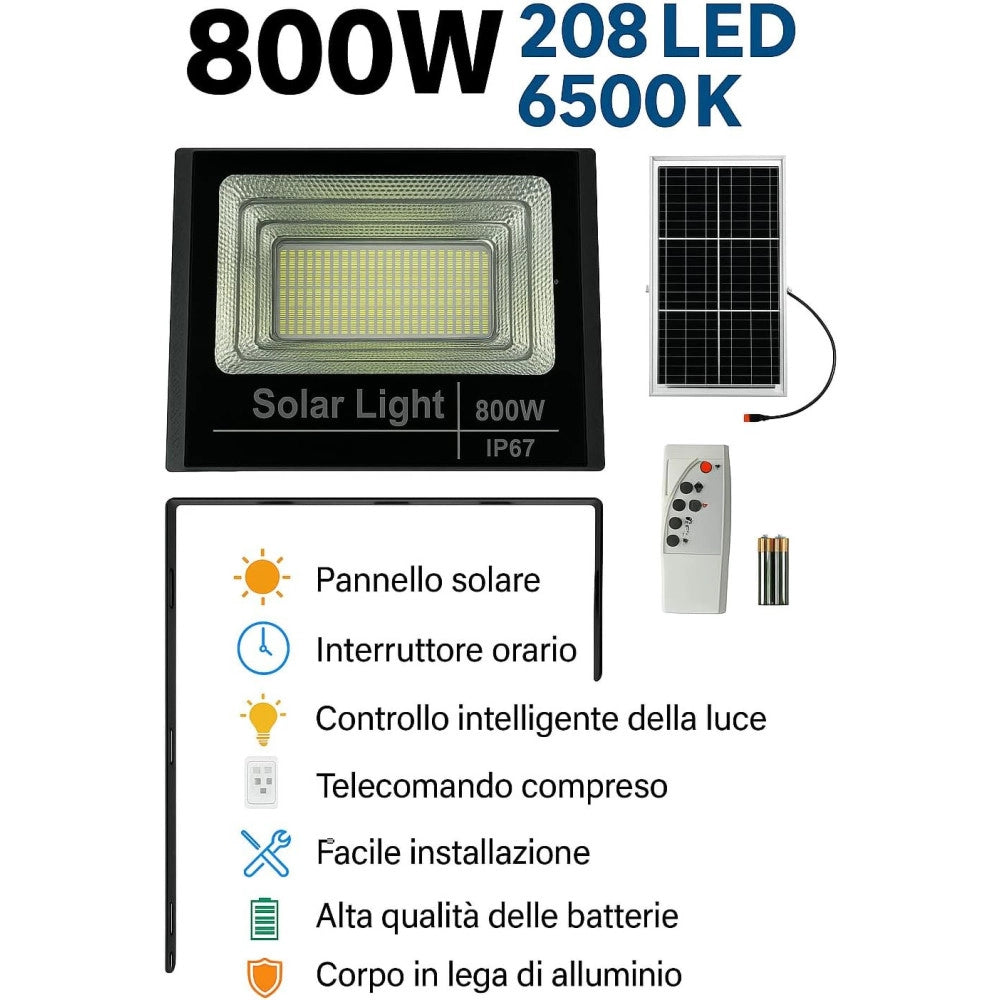 Trade Shop - Faretto Solare 800w Impermeabile Con Pannello Fotovoltaico E Telecomando -