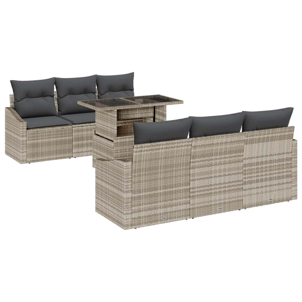 Set divano da giardino 7 pezzi con cuscini grigio chiaro in polyrattan