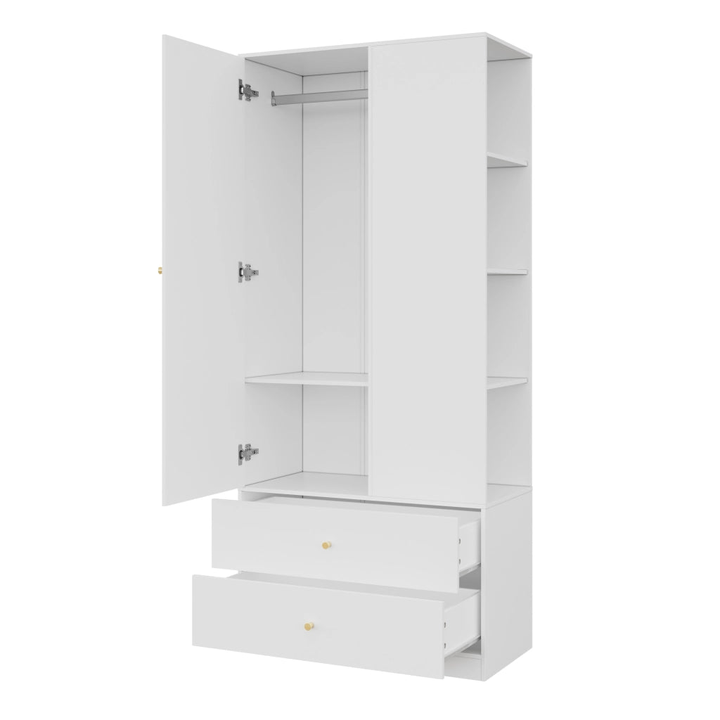 Armadio con specchio a 1 anta, 2 cassetti e 4 ripiani, 80 x 40 x 180 cm, bianco
