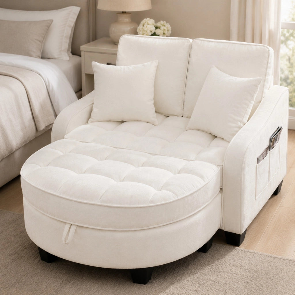 Divano letto multifunzione 2 in 1 con pouf contenitore; 132x129x93 cm; beige