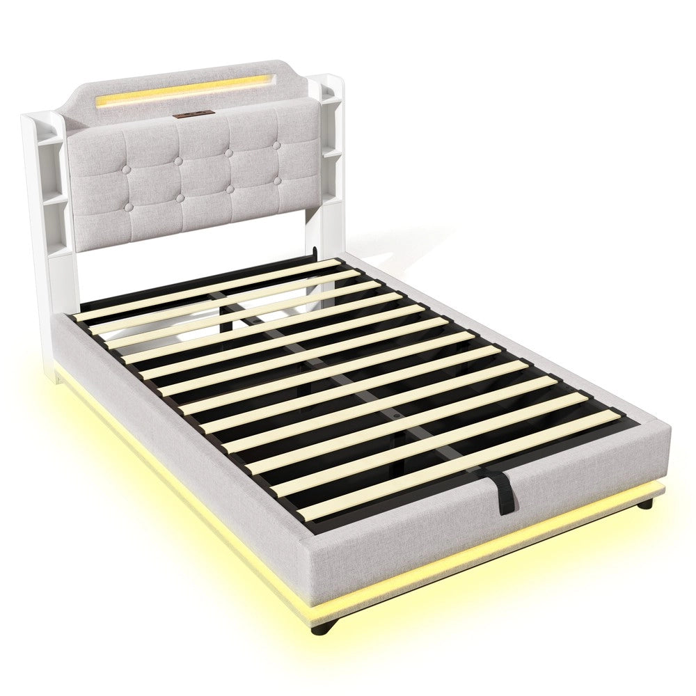 Letto Imbottito Contenitore 140x200 con LED ¨C MINIMAL ¨C Tessuto Beige, USB, Idraulico