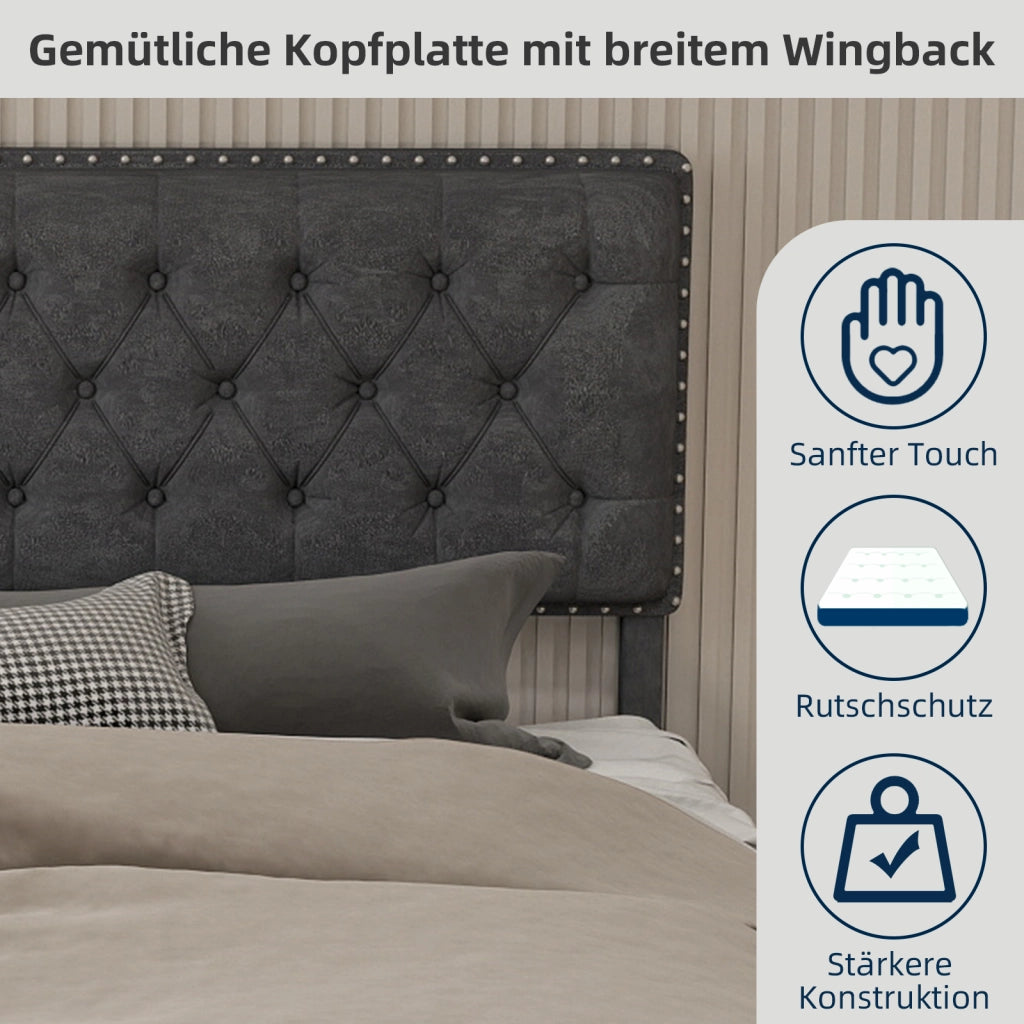 Letto moderno minimalista con testiera morbida - Zephmum - 160x200 cm - Grigio - Struttura alta con asta idraulica