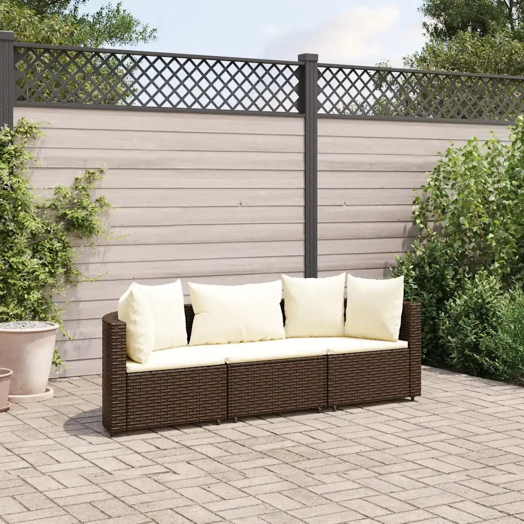 Set Divano da Giardino 3 pz | Set Salotto da Giardino con Cuscini Marrone in Polyrattan