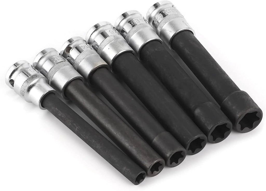 SET 6 CHIAVI A BUSSOLA TORX FEMMINA EXTRA LUNGHE AD IMPATTO DA 1/2 - E10 - E20