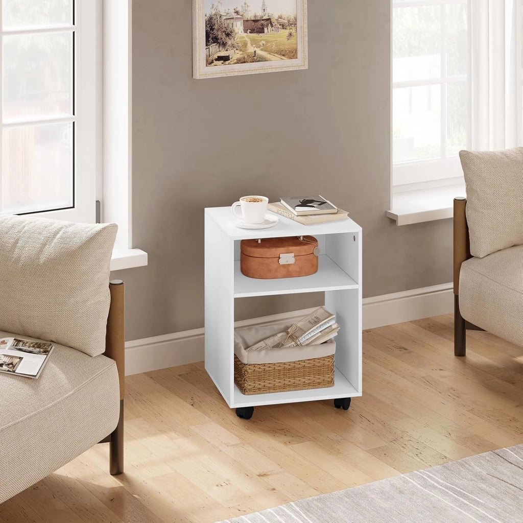 Set di 2 Comodino Tavolino con Ruote, Mobile Porta Stampante con 2 Scomparti Aperti, Comodino Bianco per Camera da Letto, Salotto, Ufficio, in Legno, 40x35x55cm, 0008CTG-2