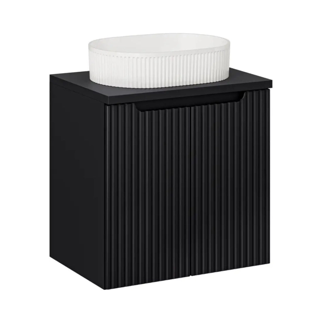 Set da bagno VANO 60cm : mobile sottolavabo con ante + piano per lavabo + lavabo da appoggio con scanalature verticali