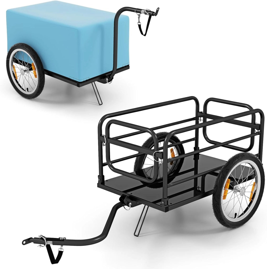 Rimorchio per bicicletta 2 in 1 con telaio in metallo pieghevole, rivestimento rimovibile, carrello di trazione con ruote pneumatiche affidabili da 40 cm, gancio di traino versatile, per più