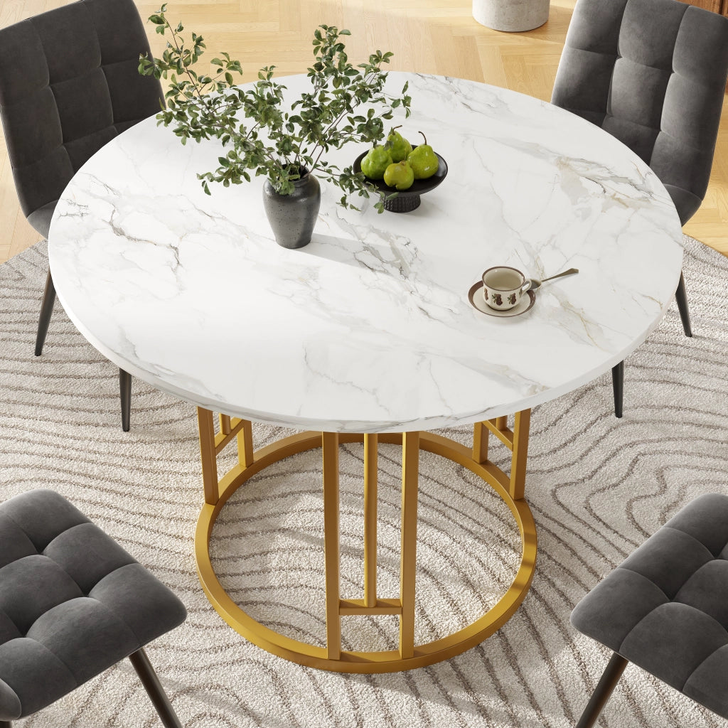 Tavolo da Pranzo Rotondo ¨C Xylo ¨C Piano MDF Effetto Marmo, Gambe in Metallo Oro, 80x80x76cm