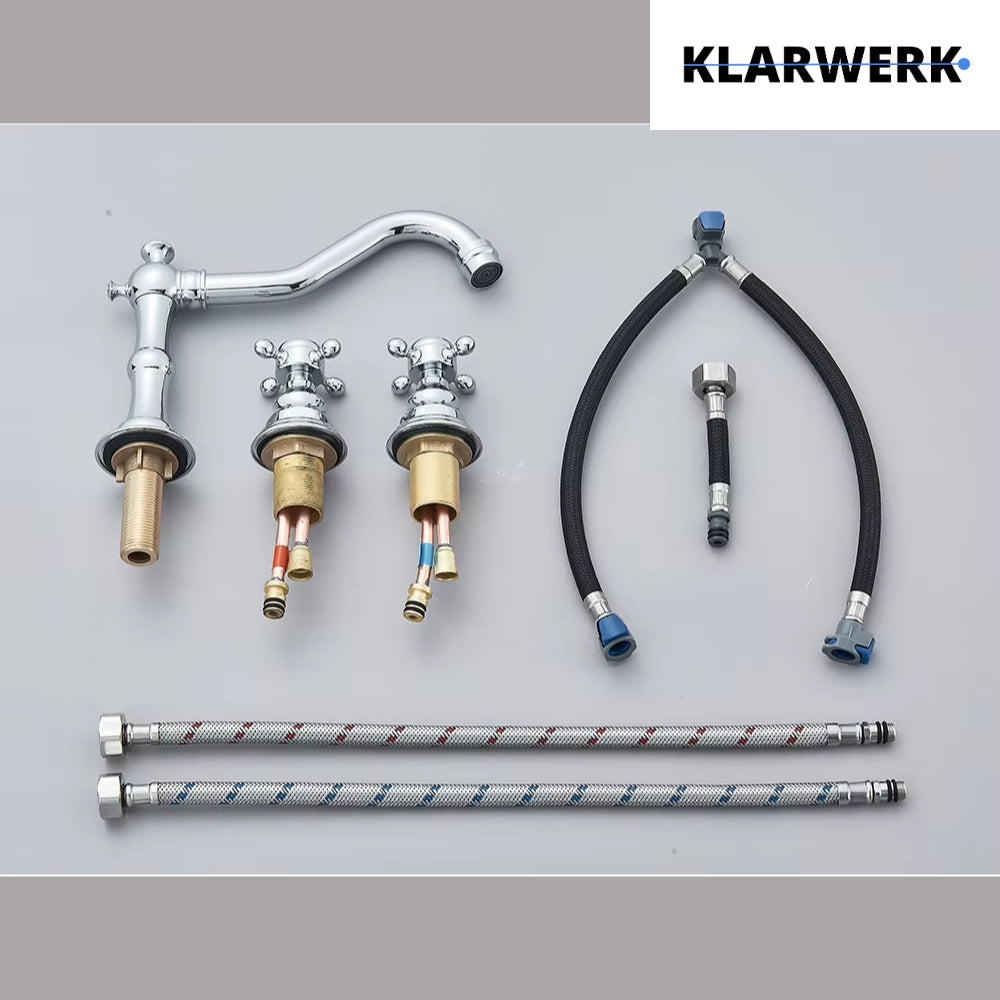 JULIAN | Rubinetto da bagno vintage a 3 fori cromo lucido Lavello in acciaio inossidabile retrò premium | Antico miscelatore 2 maniglie argento