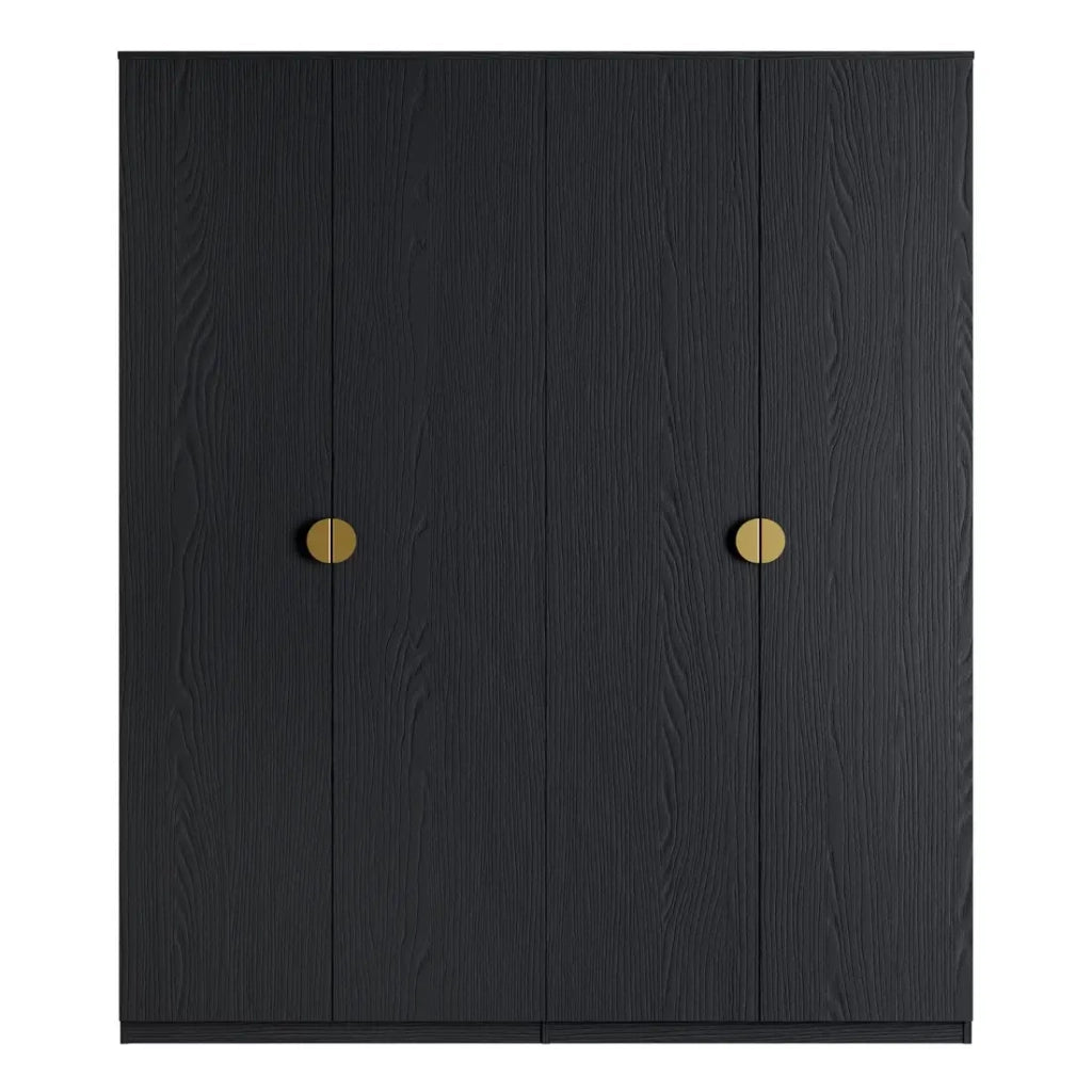 Camera completa MONDO – Nero strutturato e dorato – Letto contenitore 180x200 con doghe + Armadio + Cassettiera + 2 comodini