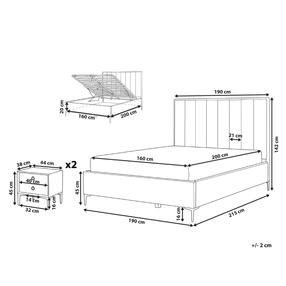 Set camera da letto in velluto grigio King Size letto con contenitore 2 comodini imbottiti
