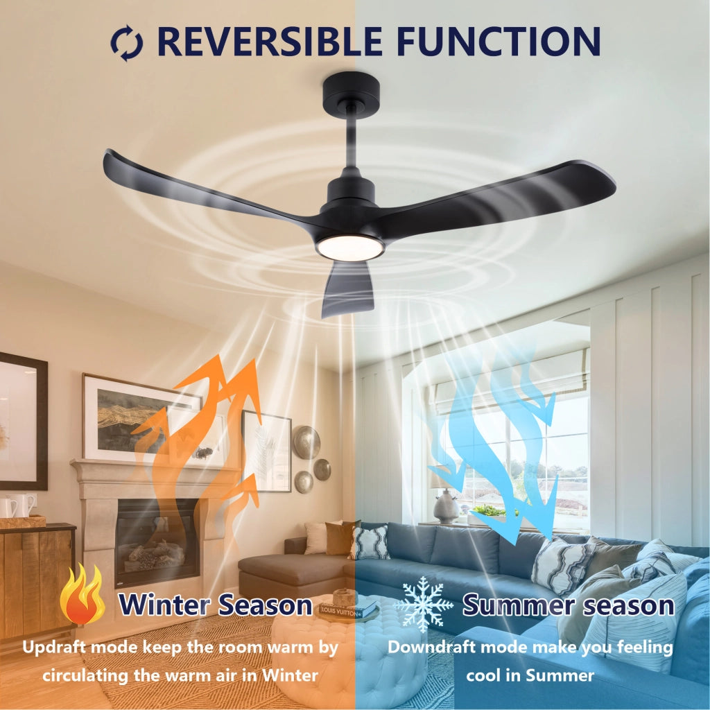Ventilatore da soffitto nero 52 pollici con luce e telecomando, motore DC reversibile, 3 temperature, moderno interni/esterni, camere e soggiorni