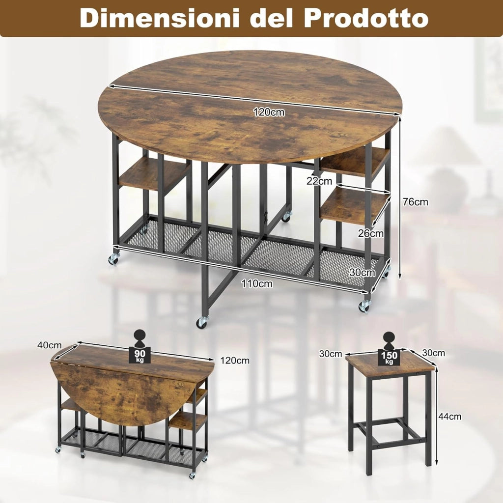 Set da Pranzo Pieghevole a 3 Pezzi, Tavolo da Cucina Rotondo con Ampio Piano e 2 Sgabelli, Scaffali e 6 Ruote Universali, Tavolo da Pranzo per Soggiorno, Sala da Pranzo e Cucina