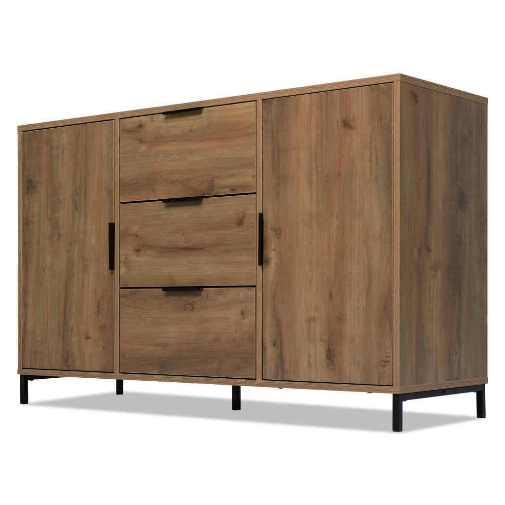 Credenza con 2 ante e 3 cassetti con ripiano regolabile, effetto rovere scuro e maniglie nere 120 × 40 × 76 cm