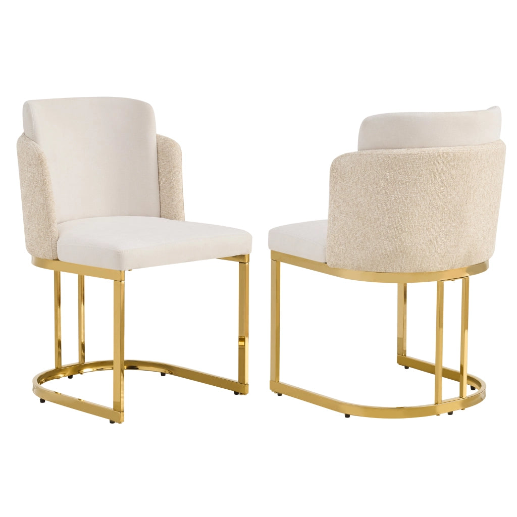 Set di 2 sedie da pranzo in Chenille beige con gambe in metallo dorato, schienale doppio, design moderno