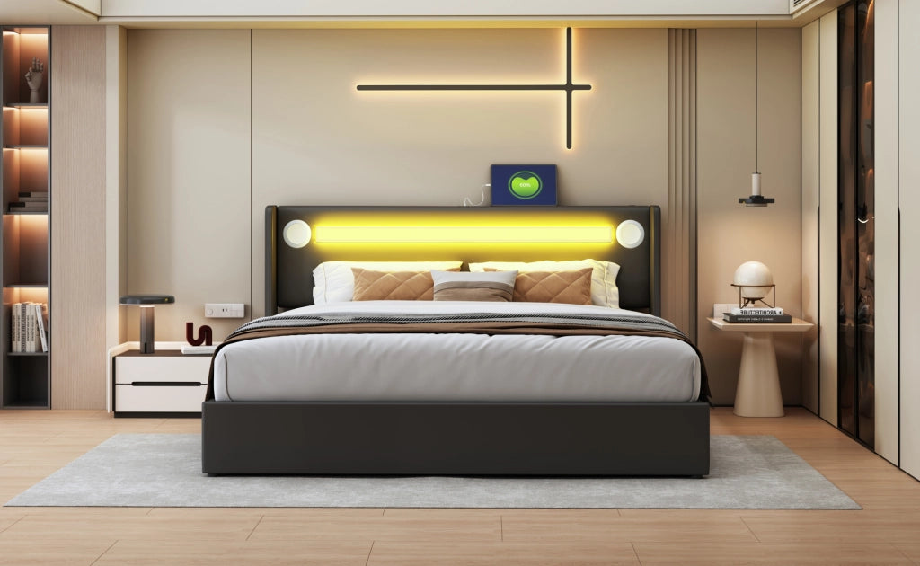 Letto Matrimoniale 160x200 con LED, Bluetooth, USB e Contenitore in PU Pelle Nero